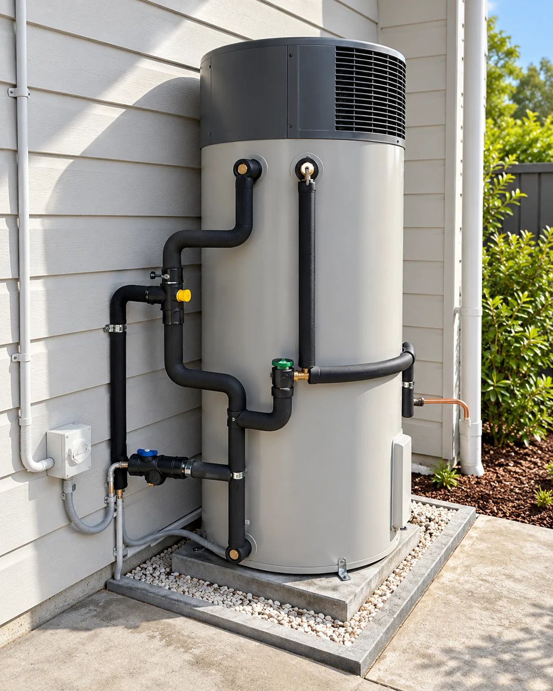 Outdoor hot water cylinder and connected pipework.